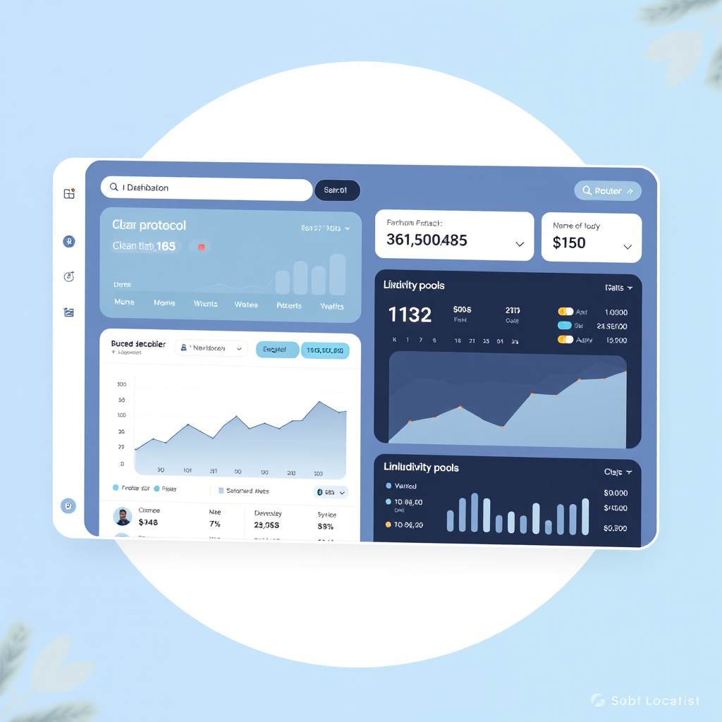 Modern decentralized finance platform interface showing clean dashboard with protocol statistics, liquidity pools, and user-friendly navigation elements in minimalist design
